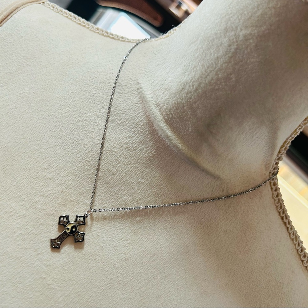 Handcrafted vintage yin and yang silver cross pendant on chain necklace